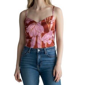 House of Harlow Satin Floral Smocked Back Crop Top